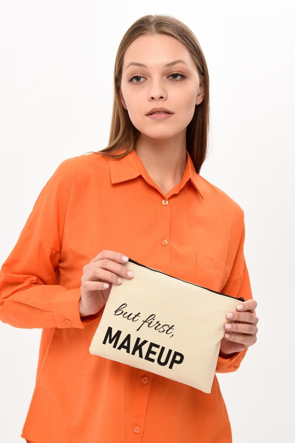 Clutch But First Makeup Baskılı Kanvas Makyaj Çantası