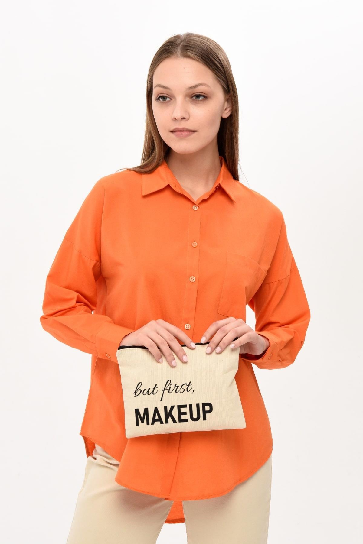 Clutch But First Makeup Baskılı Kanvas Makyaj Çantası