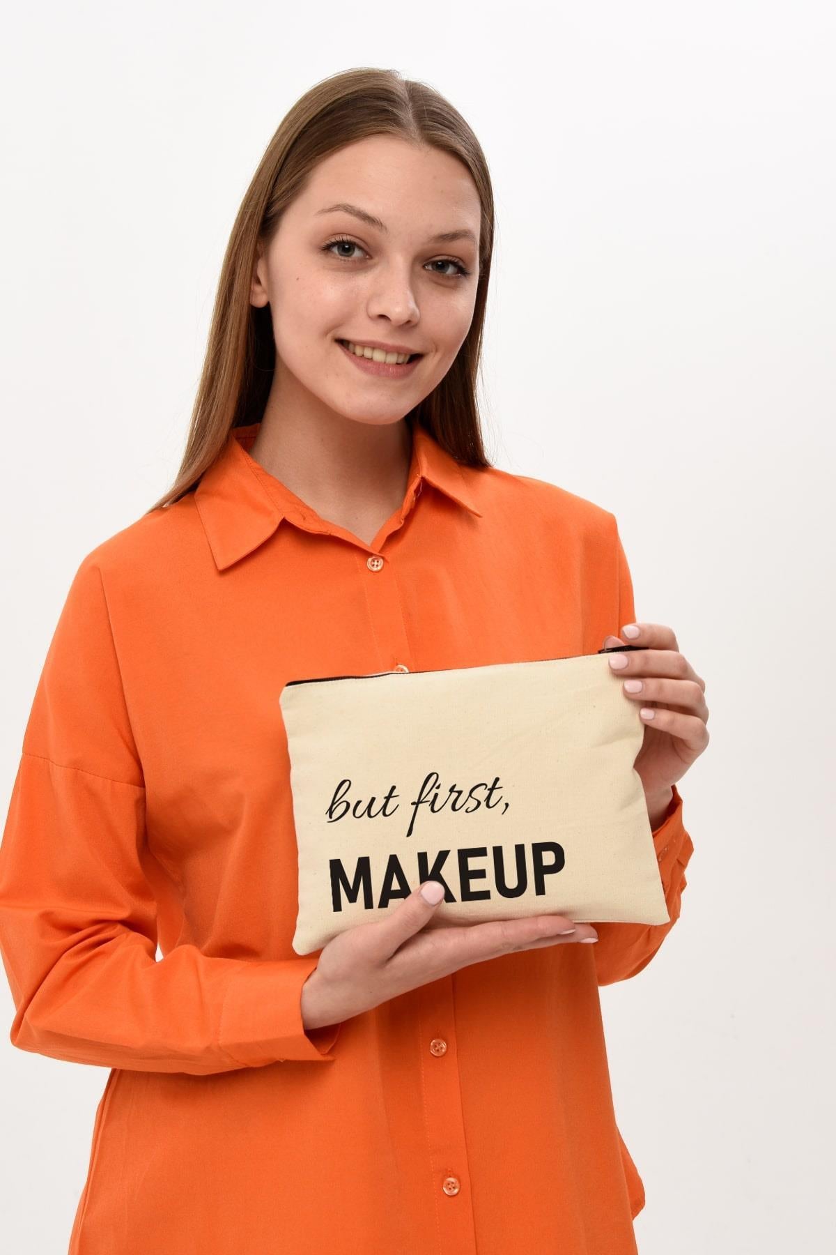 Clutch But First Makeup Baskılı Kanvas Makyaj Çantası