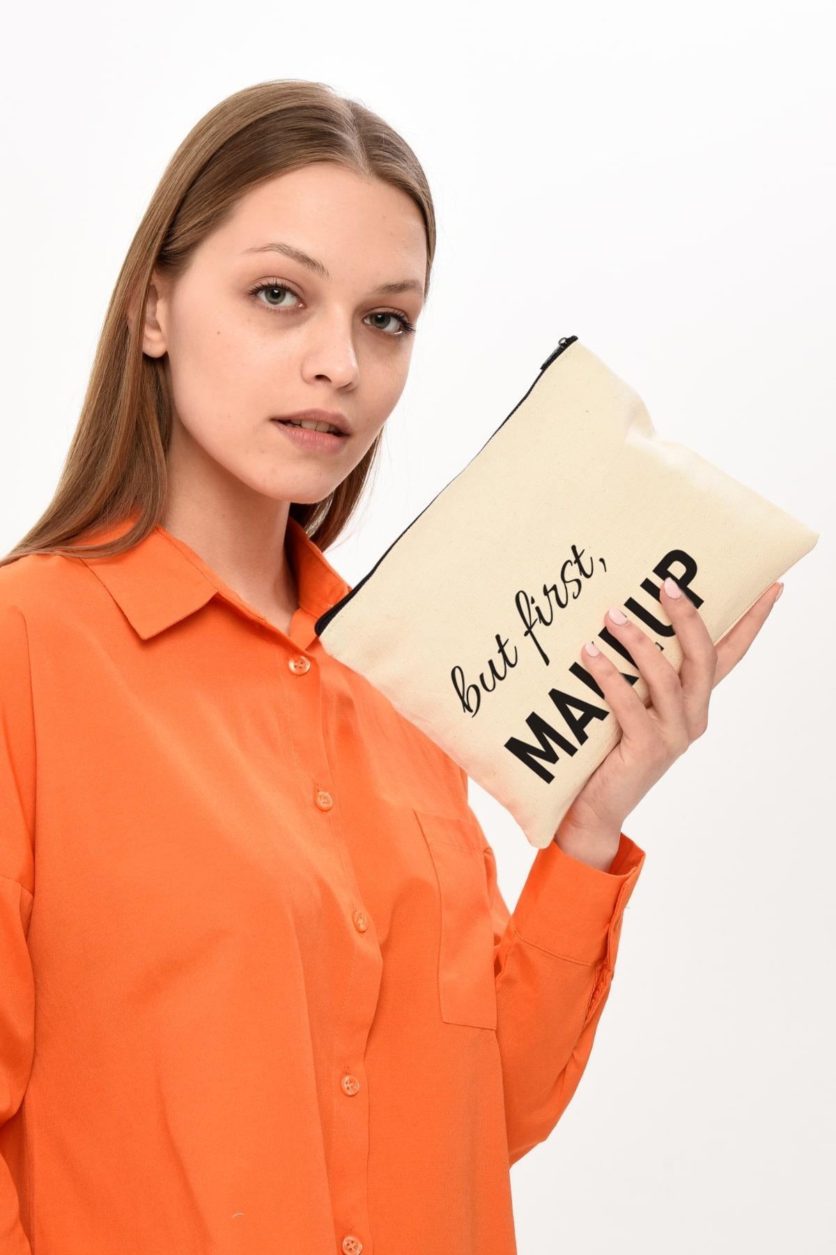 Clutch But First Makeup Baskılı Kanvas Makyaj Çantası