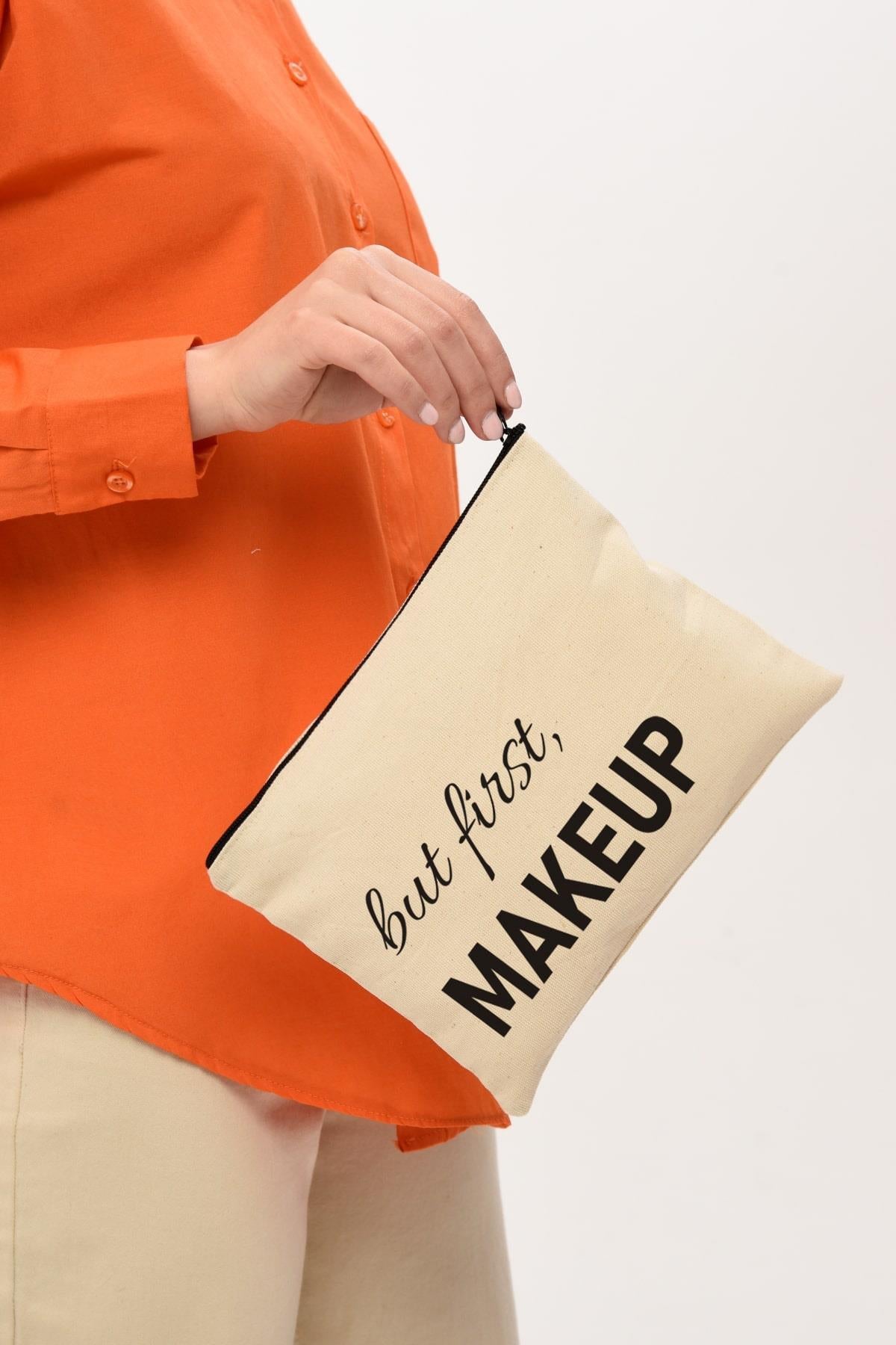 Clutch But First Makeup Baskılı Kanvas Makyaj Çantası