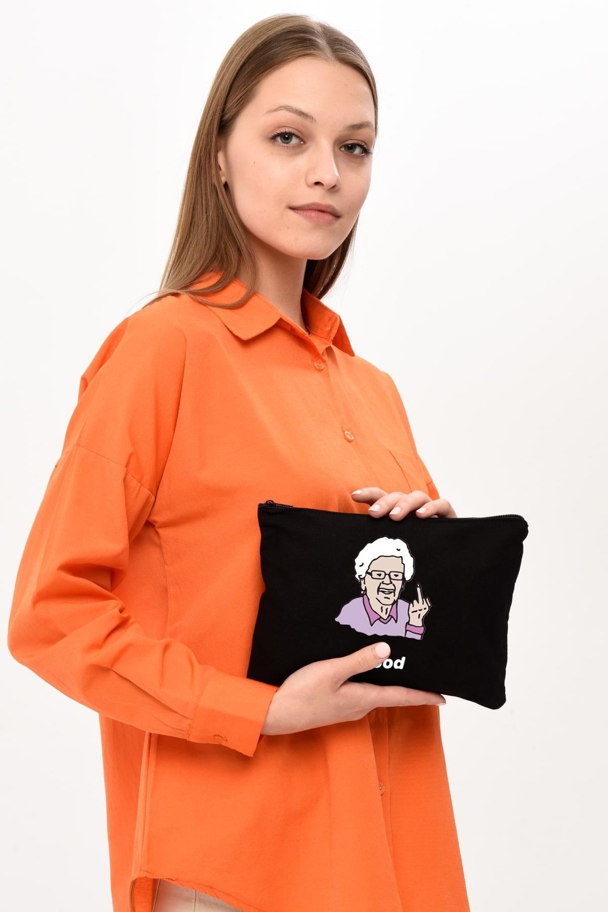Clutch Büyükanne Mood Siyah Kanvas Makyaj Çantası