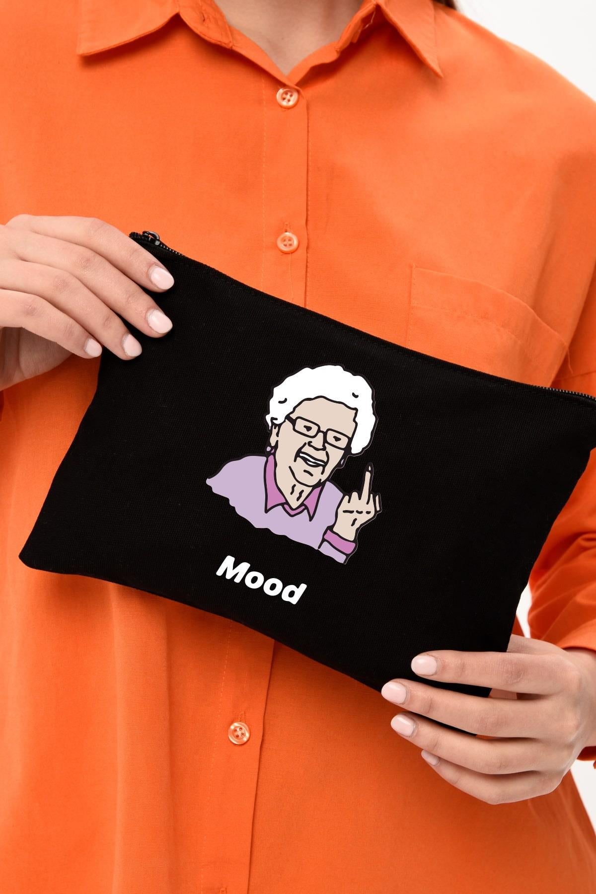 Clutch Büyükanne Mood Siyah Kanvas Makyaj Çantası