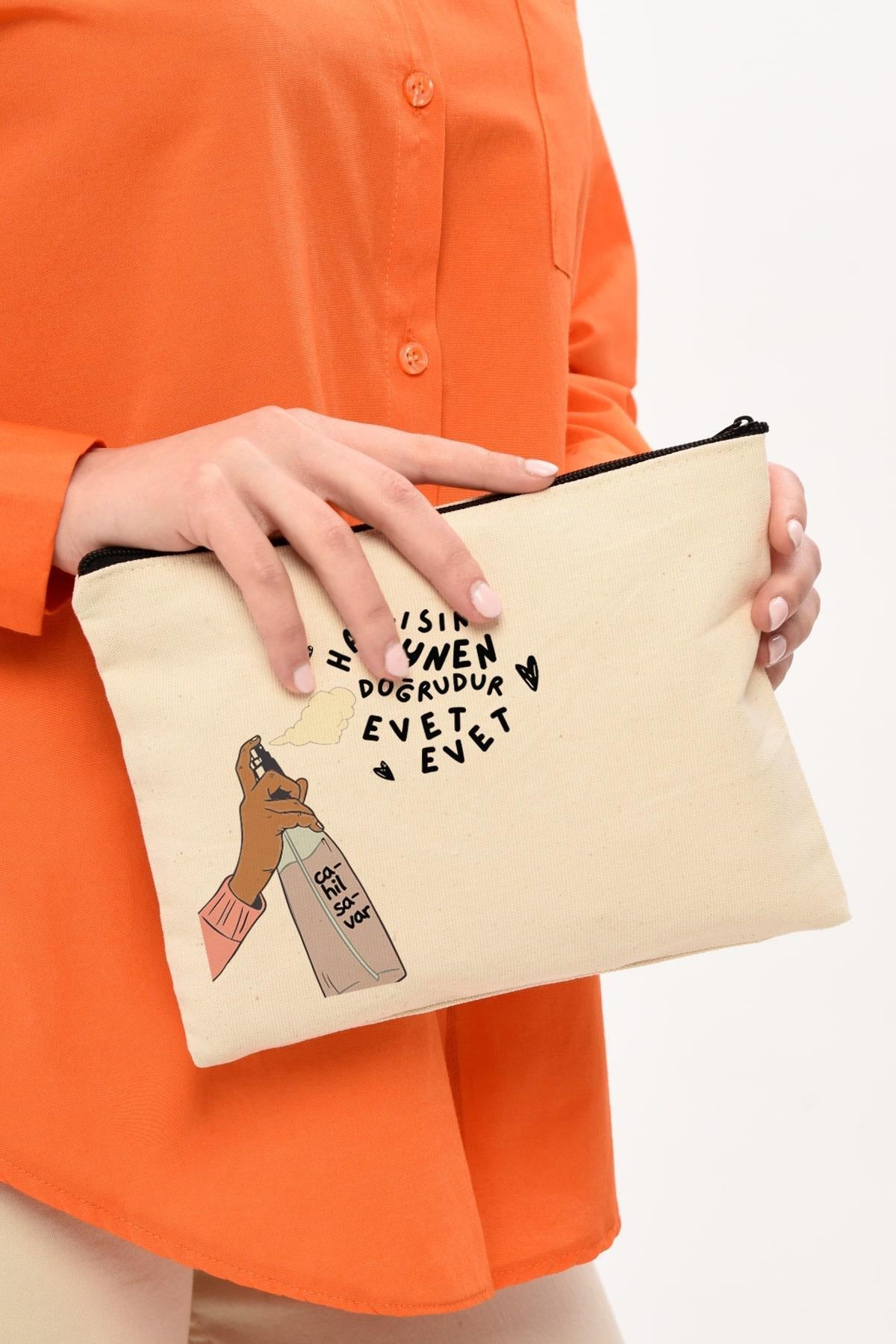 Clutch Cahilsavar Baskılı Kanvas Makyaj Çantası