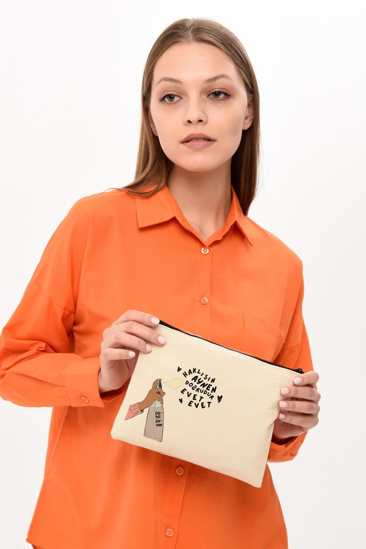Clutch Cahilsavar Baskılı Kanvas Makyaj Çantası