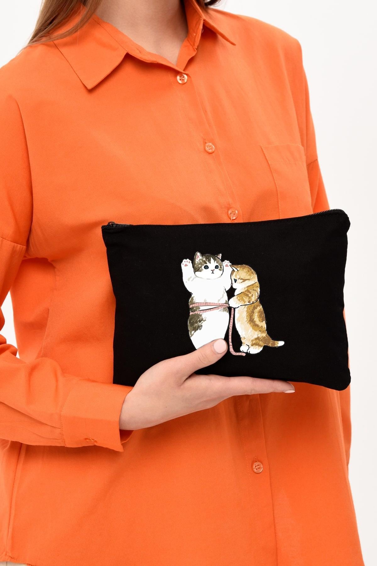 Clutch Cats Size Siyah Kanvas Makyaj Çantası