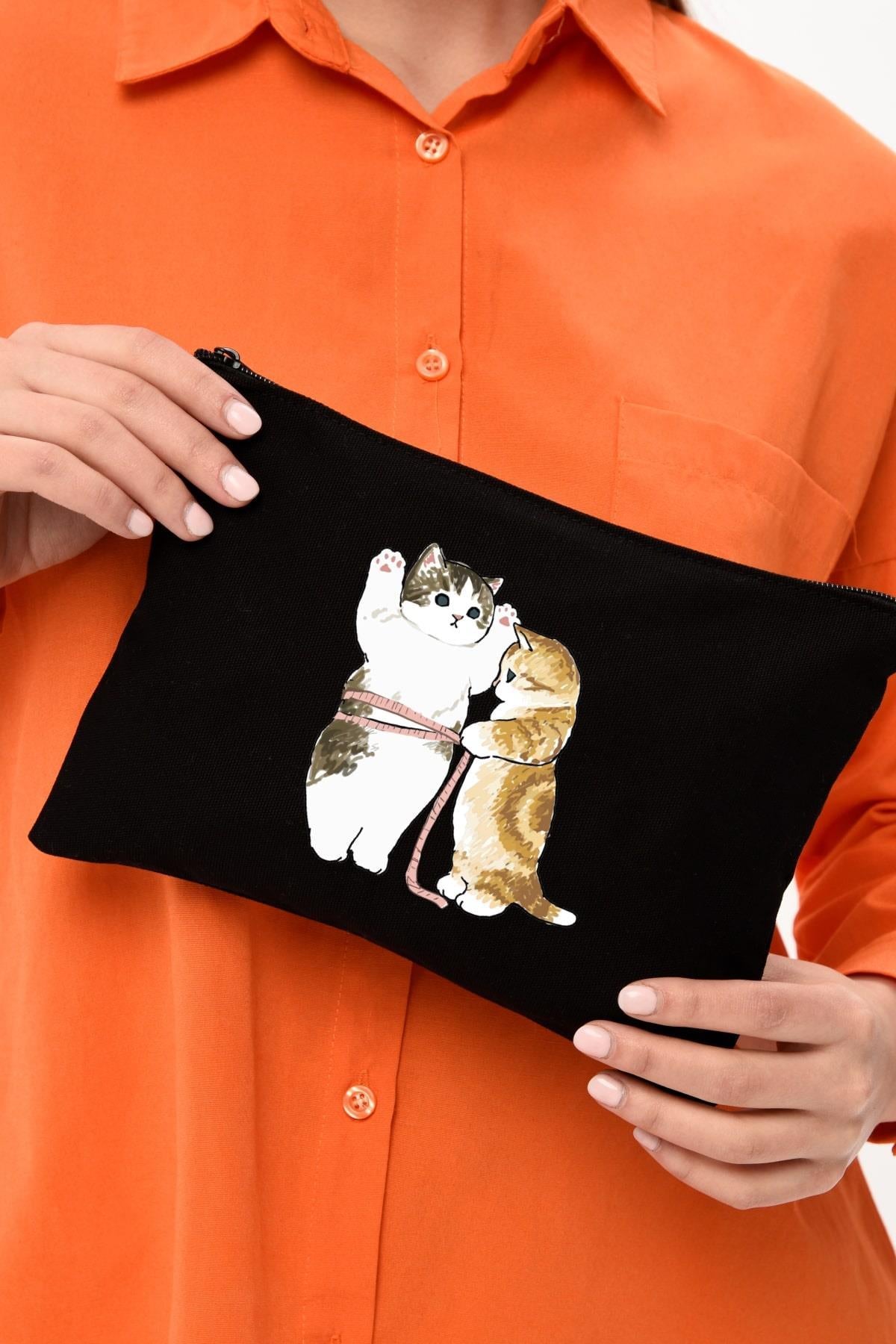 Clutch Cats Size Siyah Kanvas Makyaj Çantası