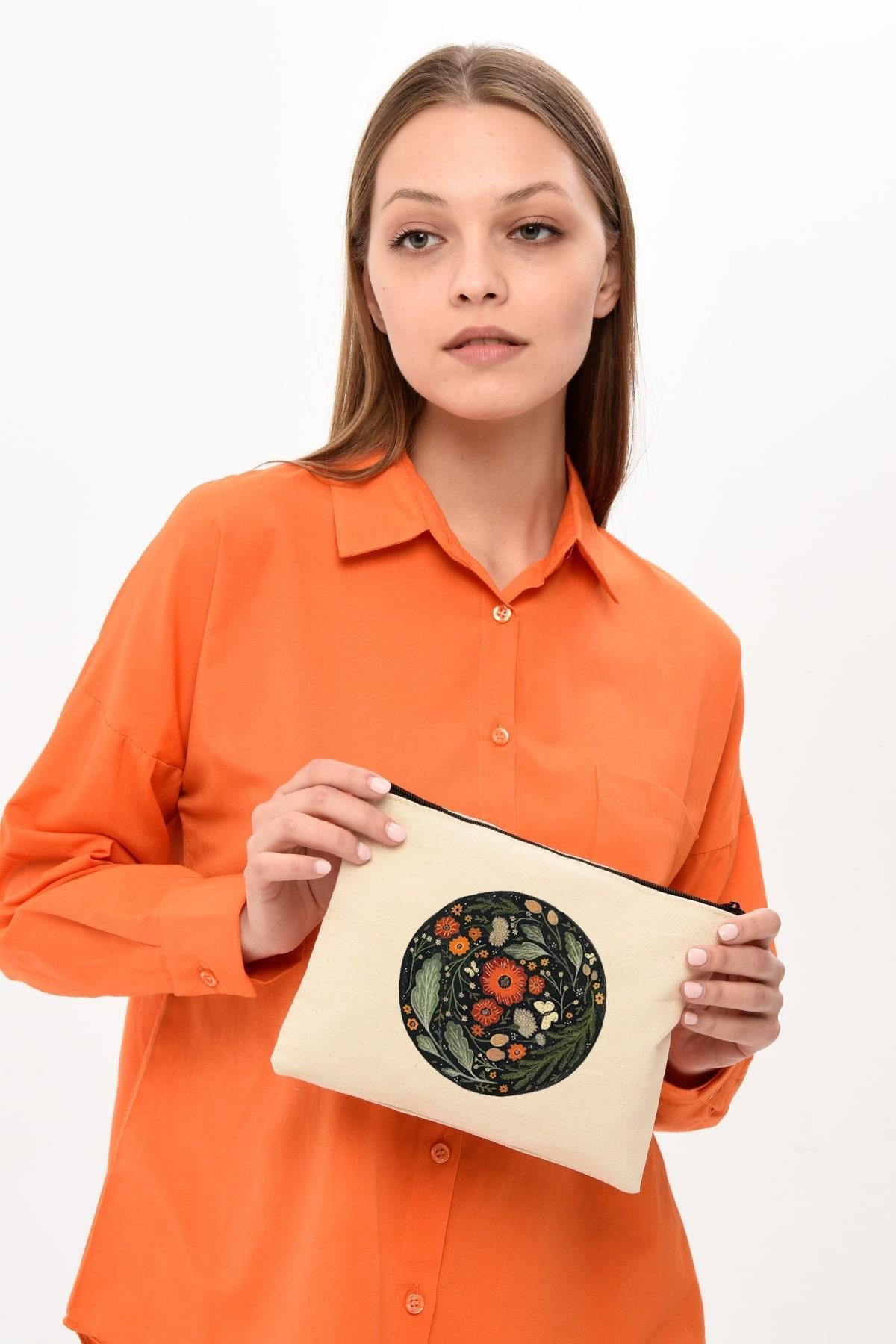Clutch Çember Çiçek Kanvas Makyaj Çantası