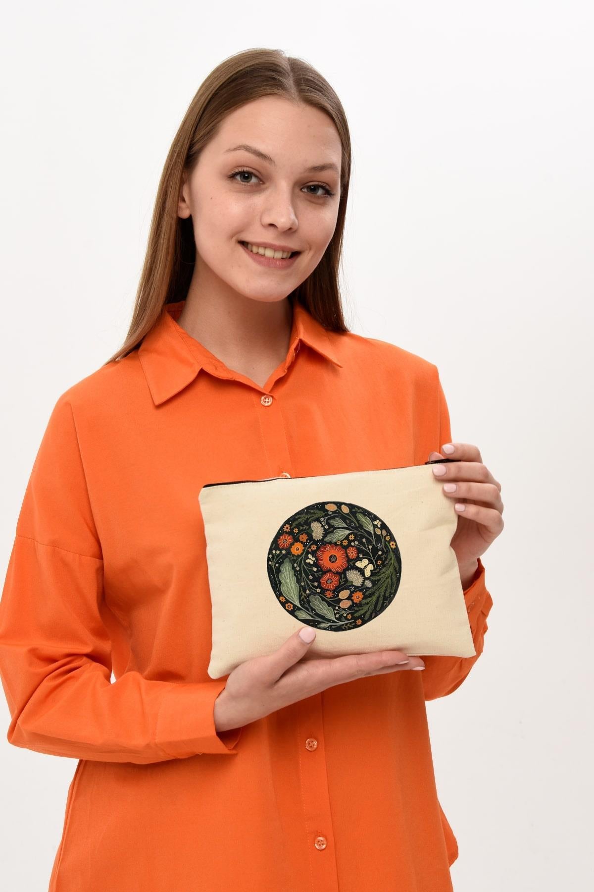 Clutch Çember Çiçek Kanvas Makyaj Çantası