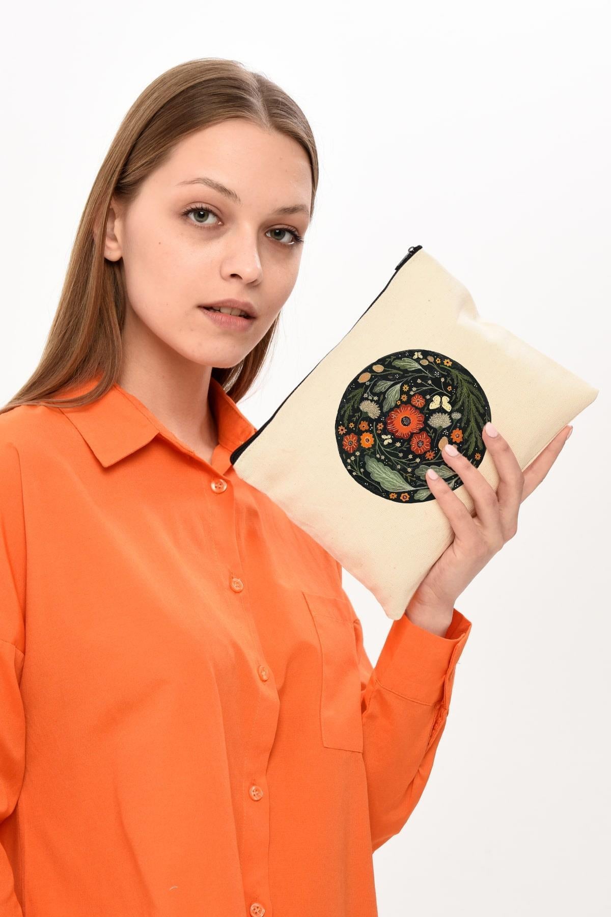 Clutch Çember Çiçek Kanvas Makyaj Çantası