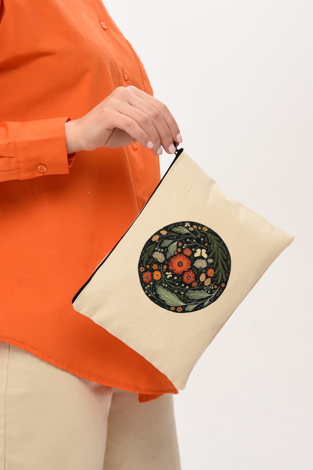 Clutch Çember Çiçek Kanvas Makyaj Çantası