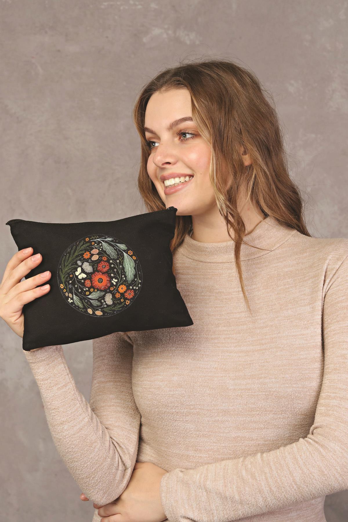 Clutch Çember Çiçek Siyah Kanvas Makyaj Çantası