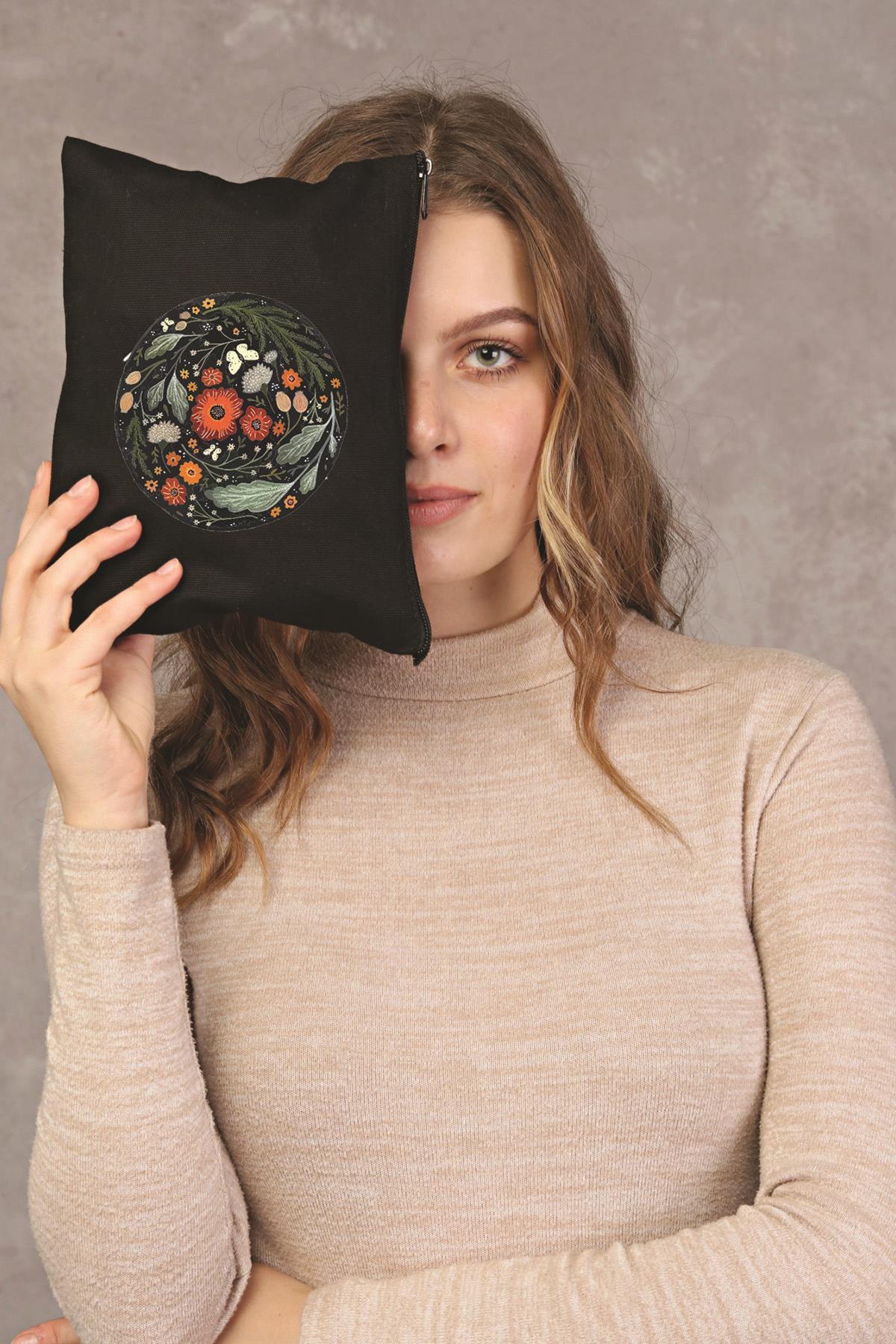 Clutch Çember Çiçek Siyah Kanvas Makyaj Çantası