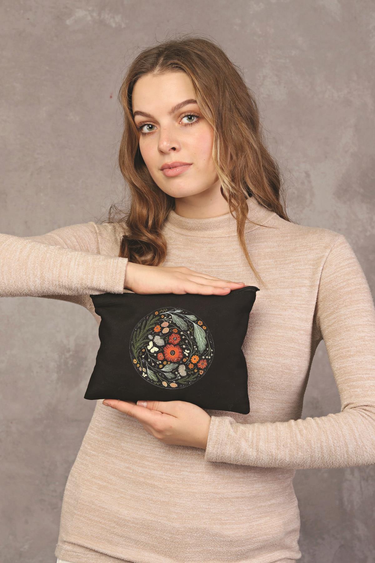 Clutch Çember Çiçek Siyah Kanvas Makyaj Çantası