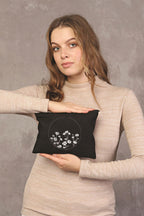 Clutch Çember Papatyalar Siyah Kanvas Makyaj Çantası