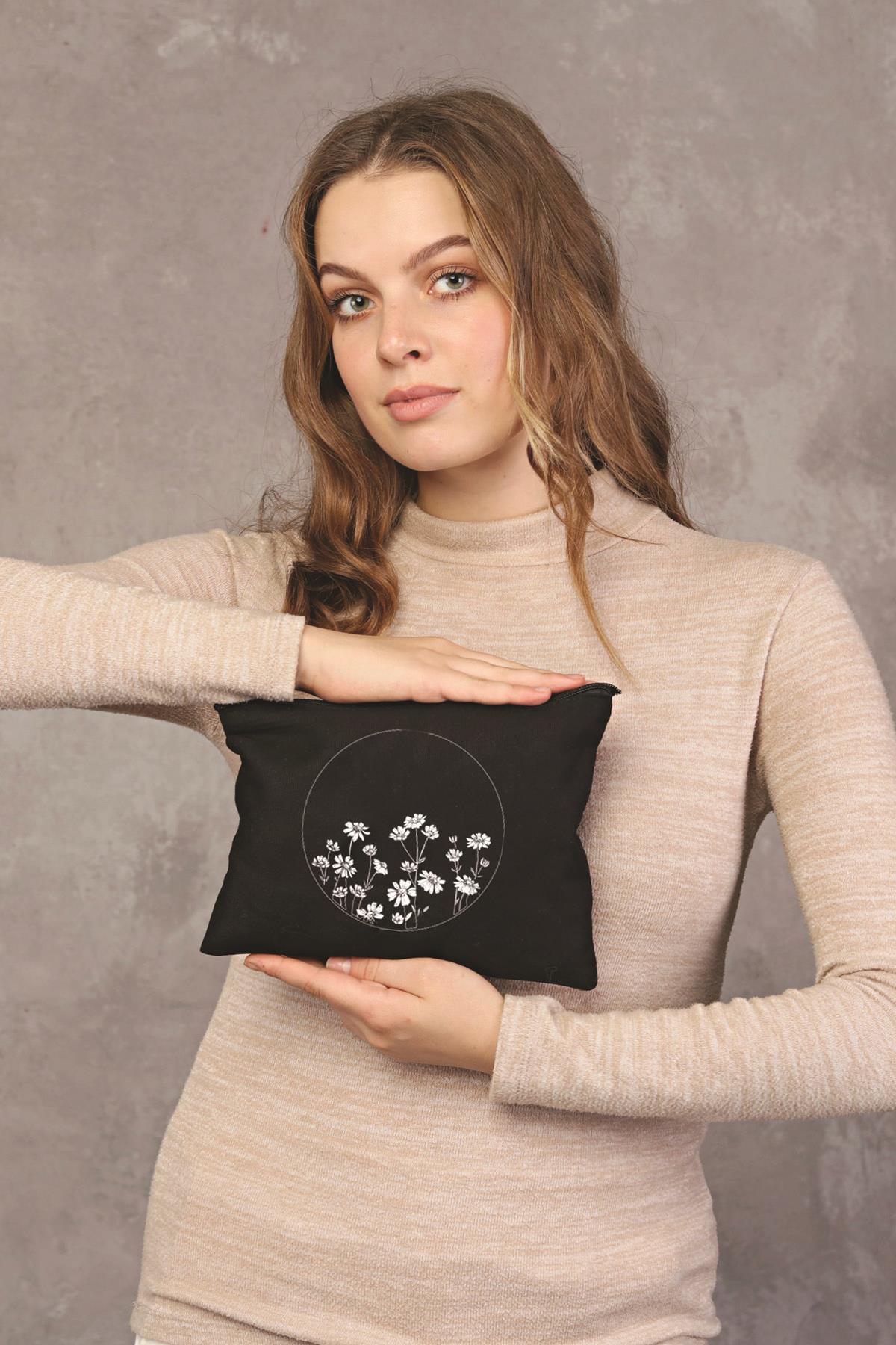 Clutch Çember Papatyalar Siyah Kanvas Makyaj Çantası