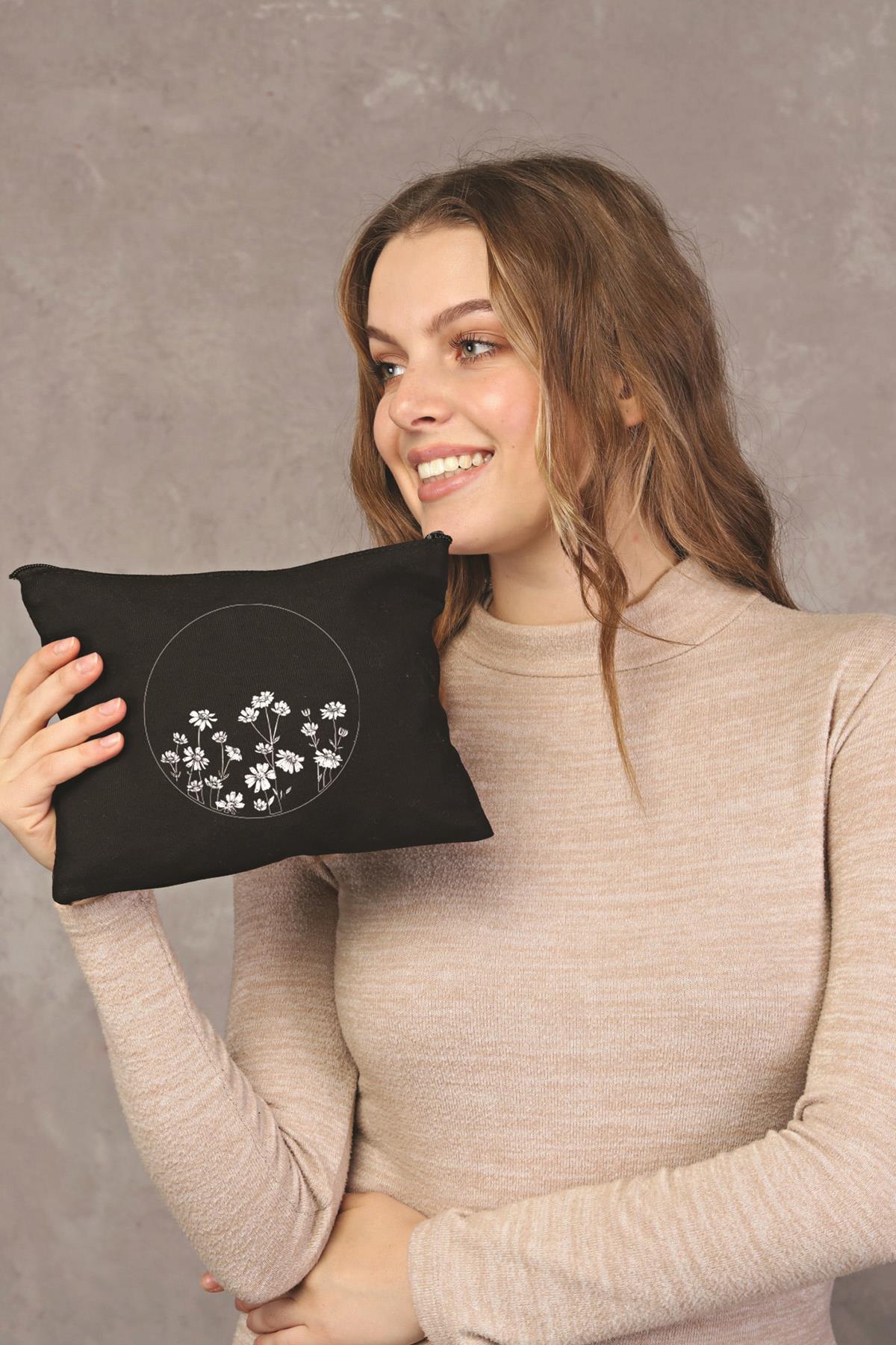 Clutch Çember Papatyalar Siyah Kanvas Makyaj Çantası