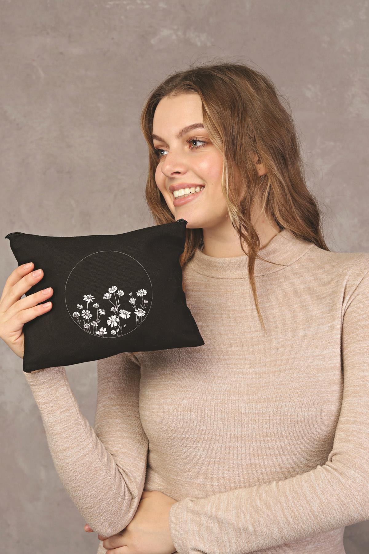 Clutch Çember Papatyalar Siyah Kanvas Makyaj Çantası