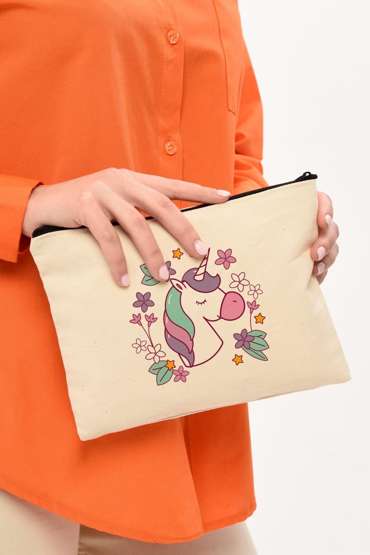 Clutch Çiçekler ve Unicorn Kanvas Makyaj Çantası