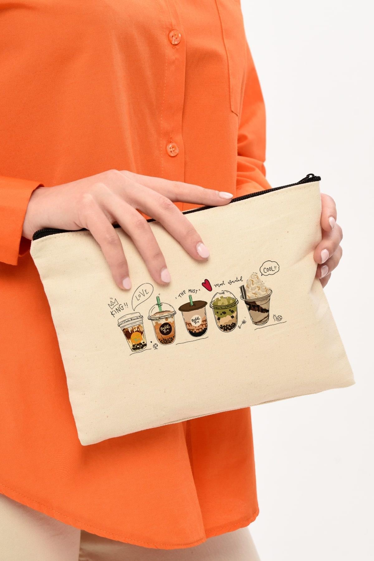 Clutch Coffee Cup Baskılı Makyaj Çantası |  (25X17)