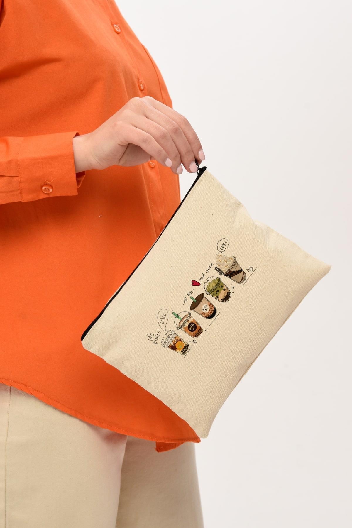 Clutch Coffee Cup Baskılı Makyaj Çantası |  (25X17)
