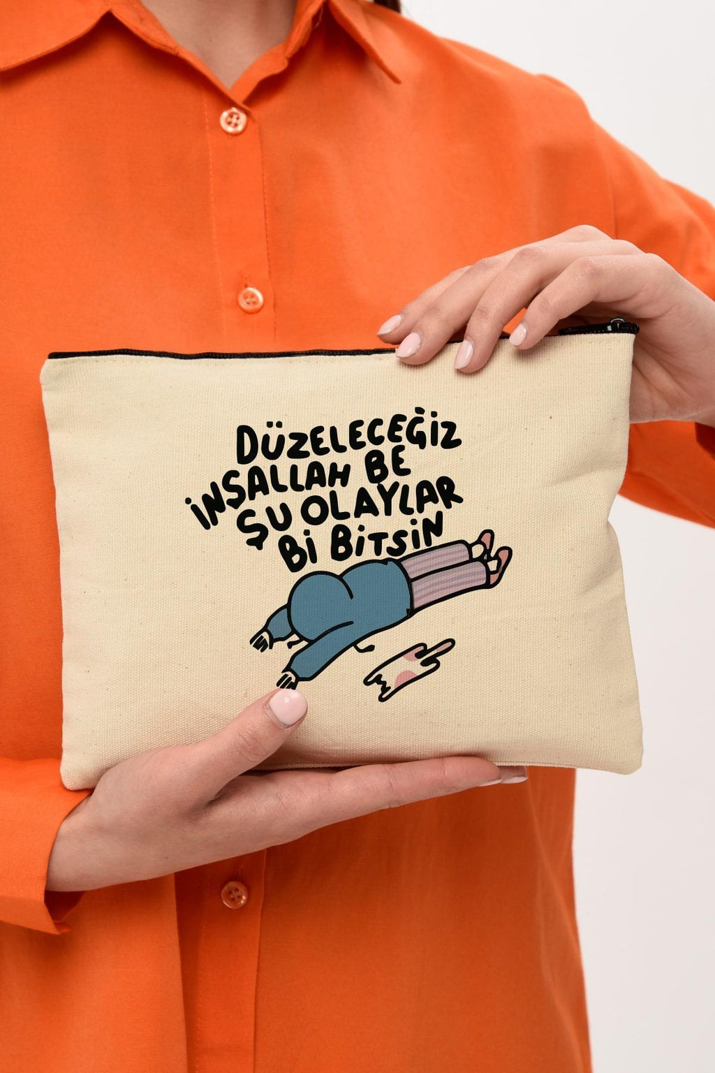 Clutch Düzeleceğiz Baskılı Kanvas Makyaj Çantası