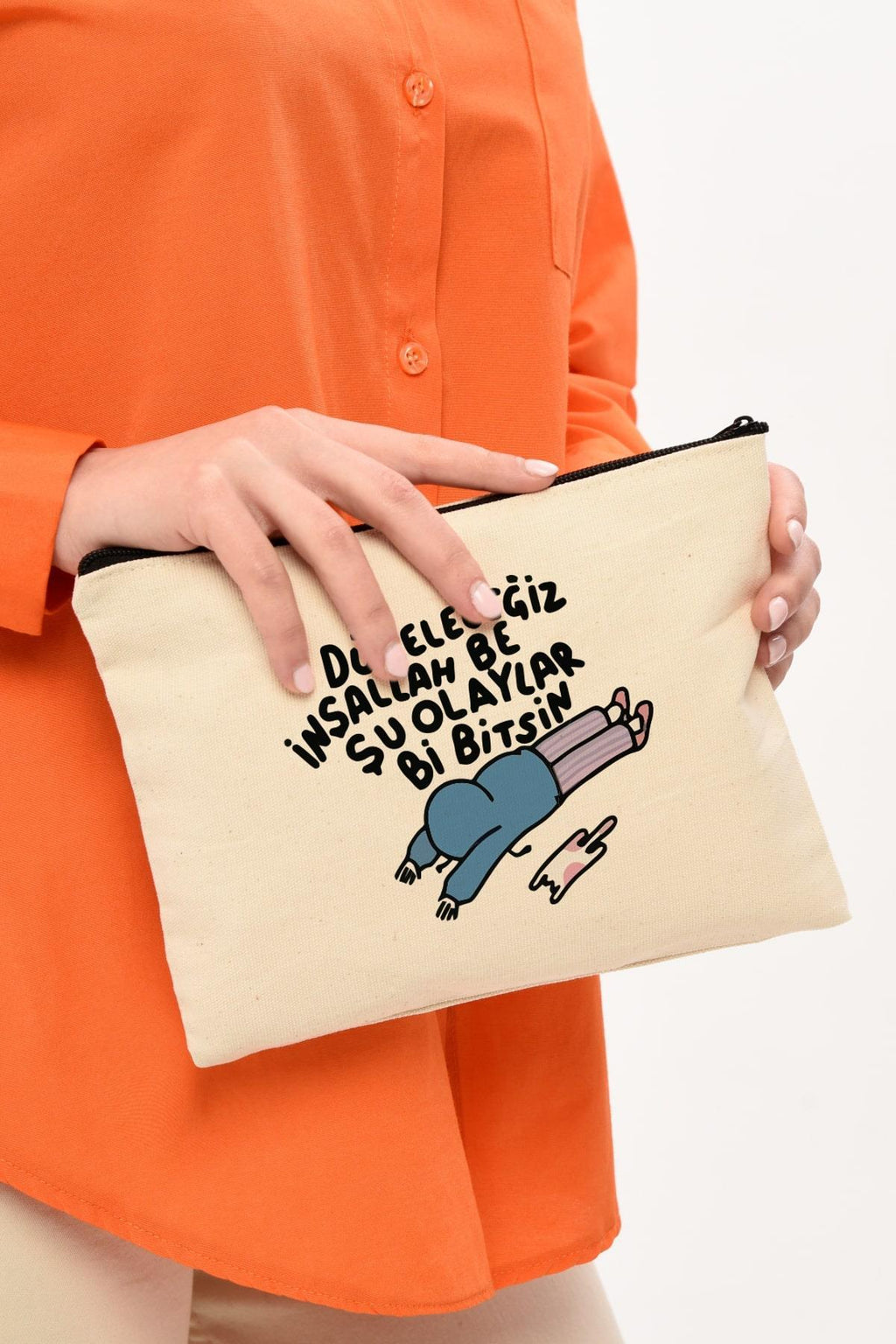 Clutch Düzeleceğiz Baskılı Kanvas Makyaj Çantası