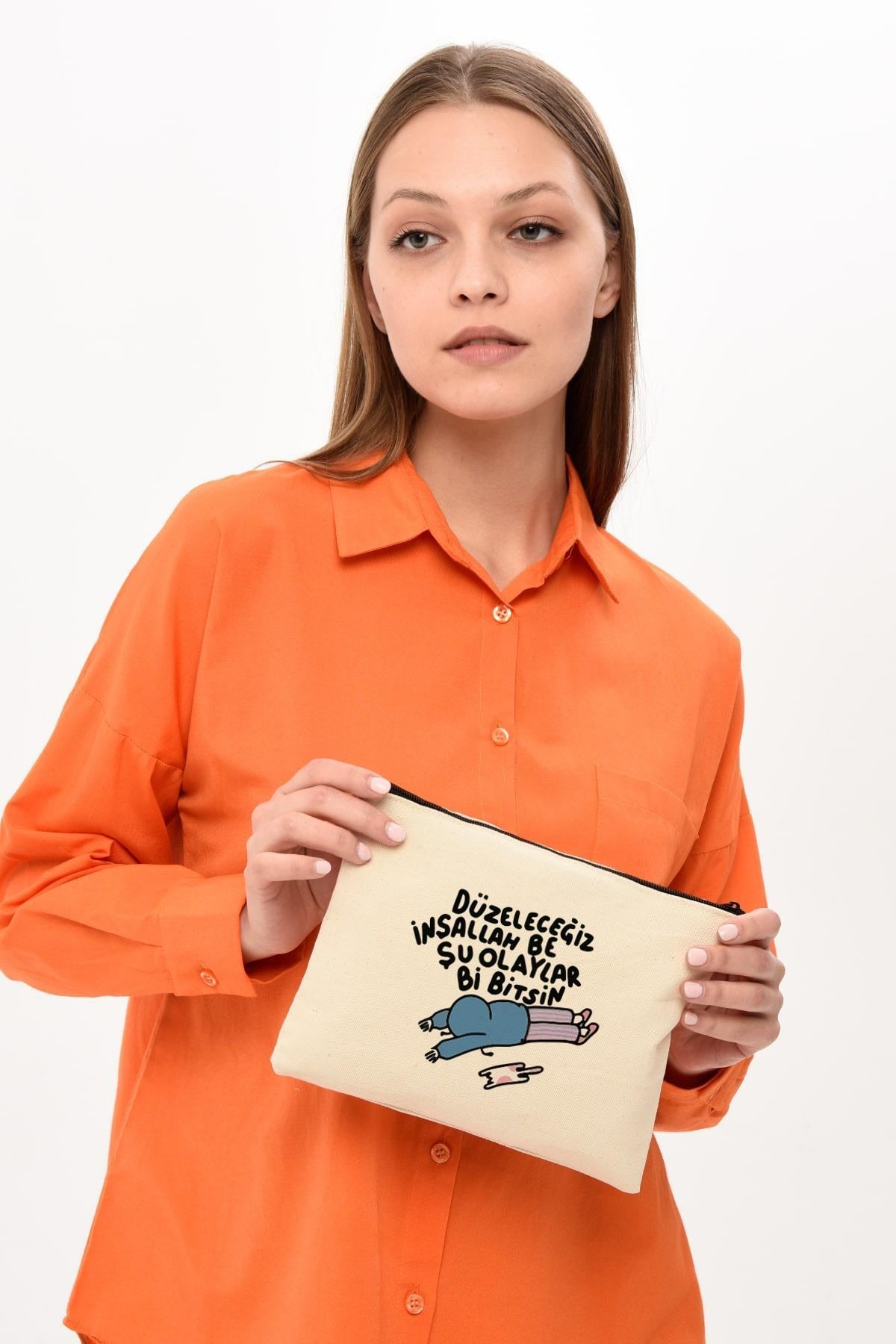 Clutch Düzeleceğiz Baskılı Kanvas Makyaj Çantası
