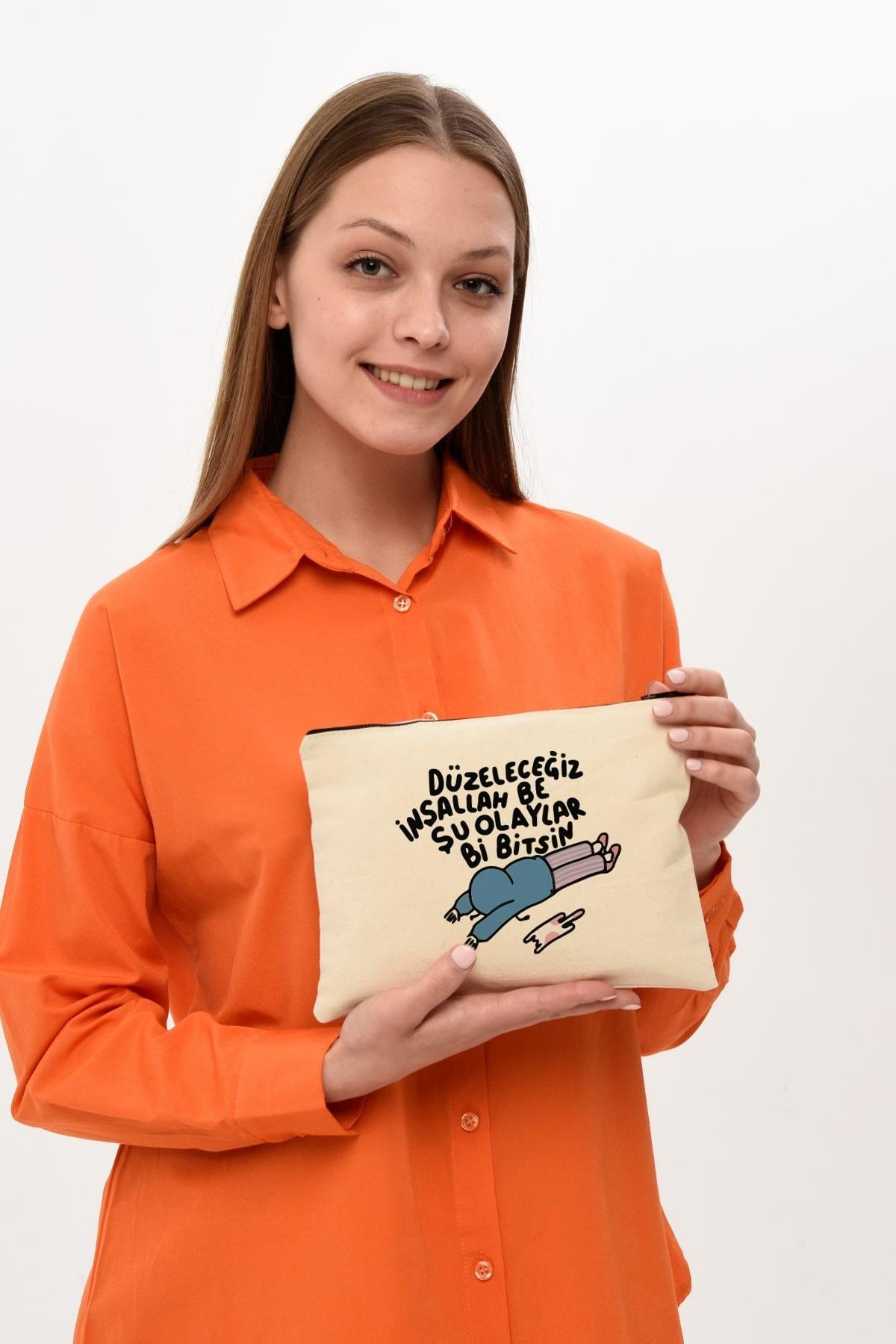 Clutch Düzeleceğiz Baskılı Kanvas Makyaj Çantası