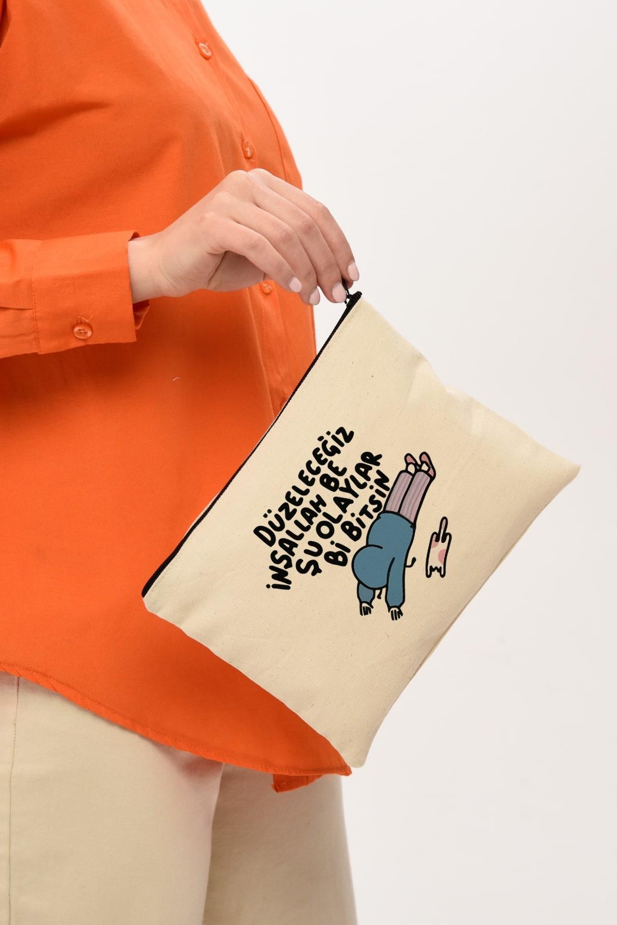 Clutch Düzeleceğiz Baskılı Kanvas Makyaj Çantası