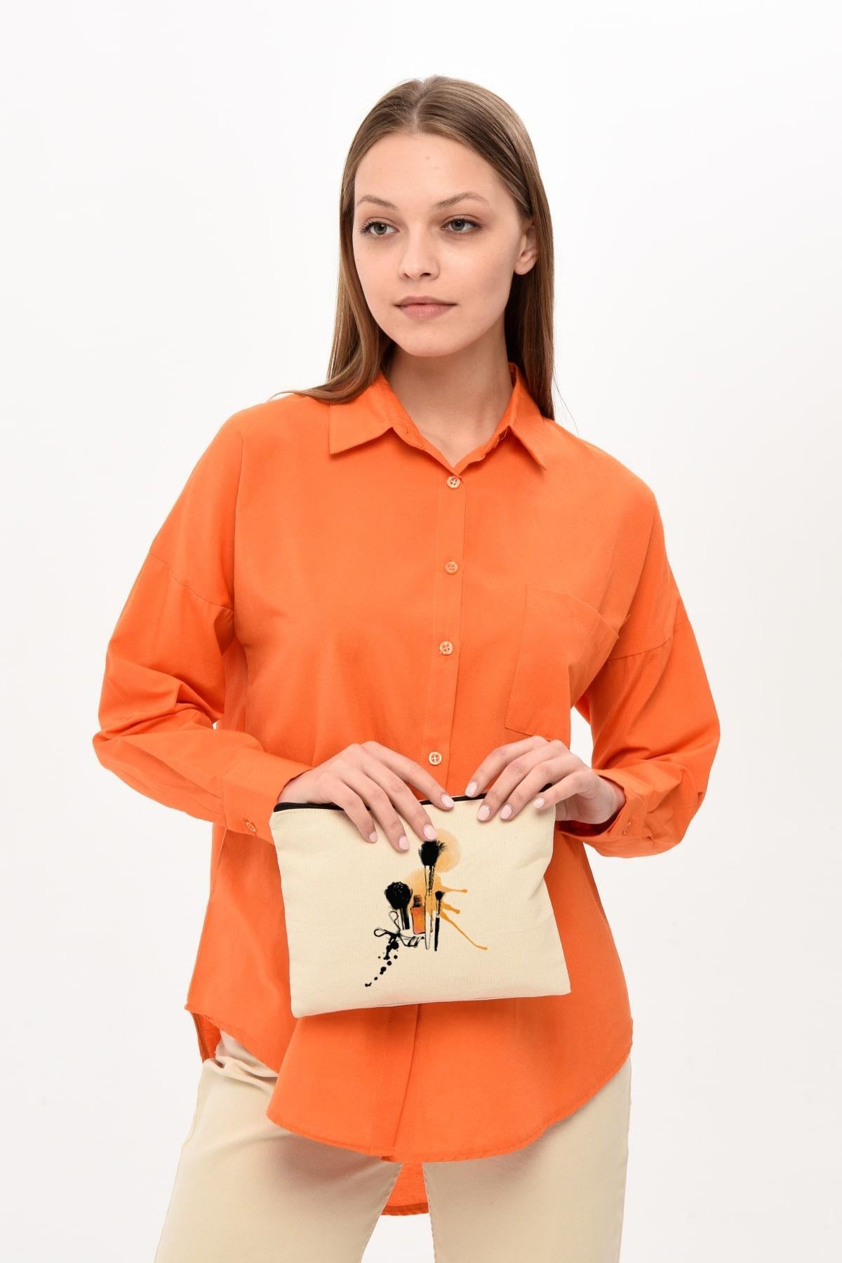 Clutch Fırça ve Ruj Baskılı Makyaj Çantası |  (25X17)