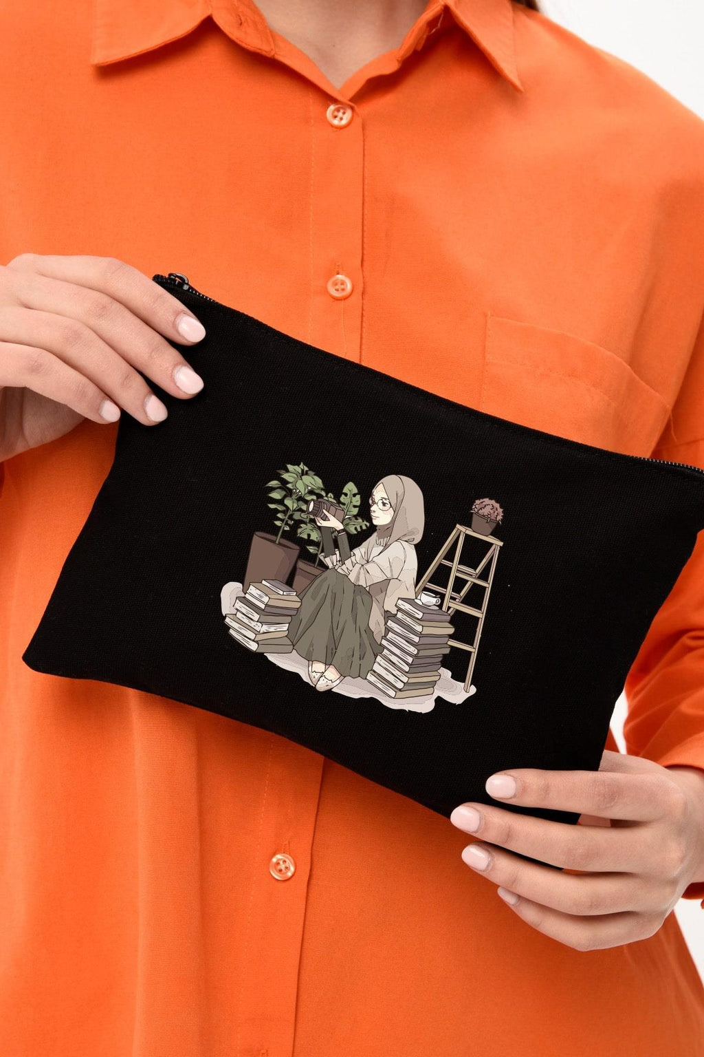 Clutch Fotoğrafçı Kız Siyah Kanvas Makyaj Çantası