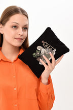 Clutch Fotoğrafçı Kız Siyah Kanvas Makyaj Çantası