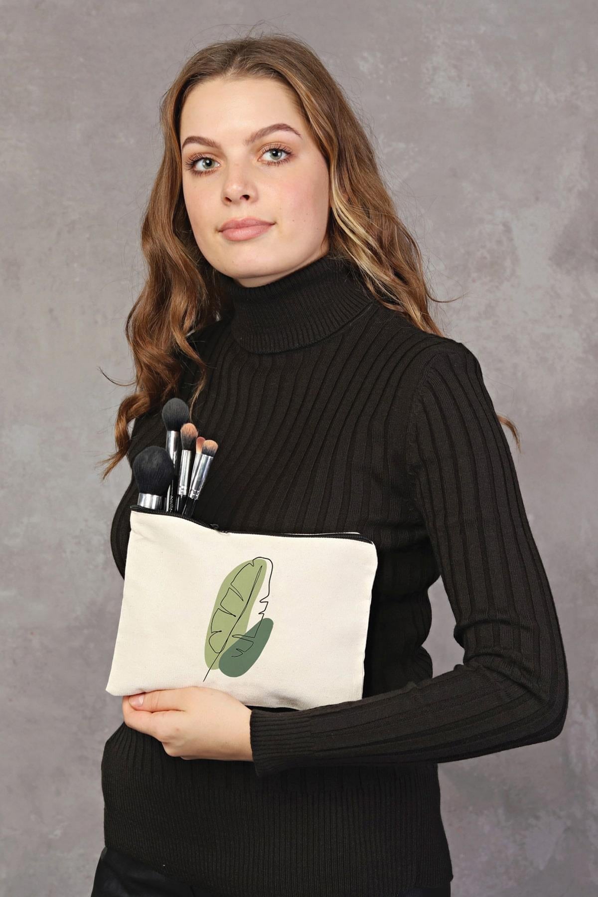 Clutch Green Leaf Kanvas Makyaj Çantası