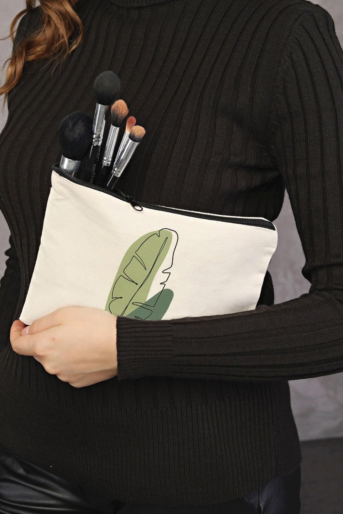 Clutch Green Leaf Kanvas Makyaj Çantası
