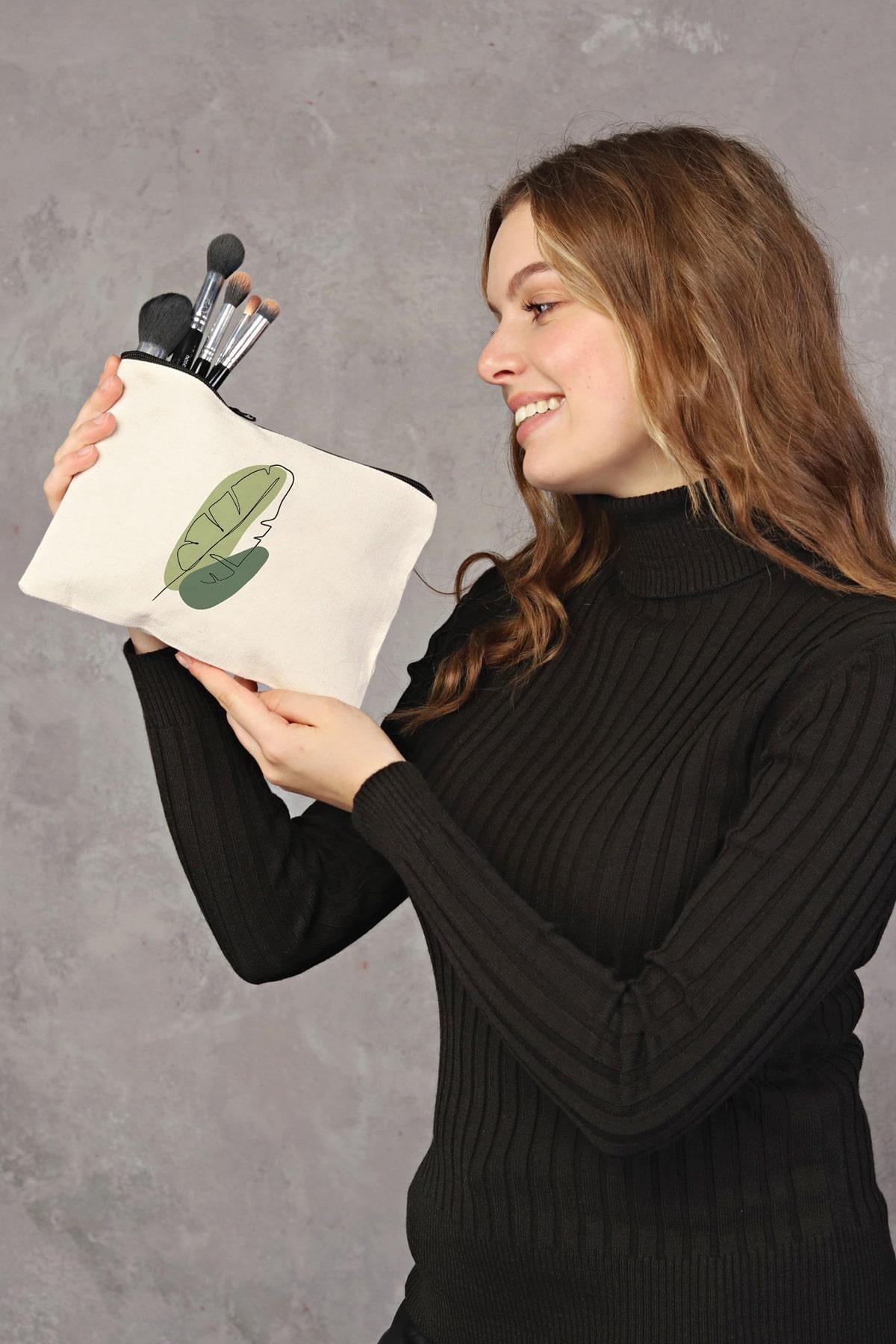 Clutch Green Leaf Kanvas Makyaj Çantası