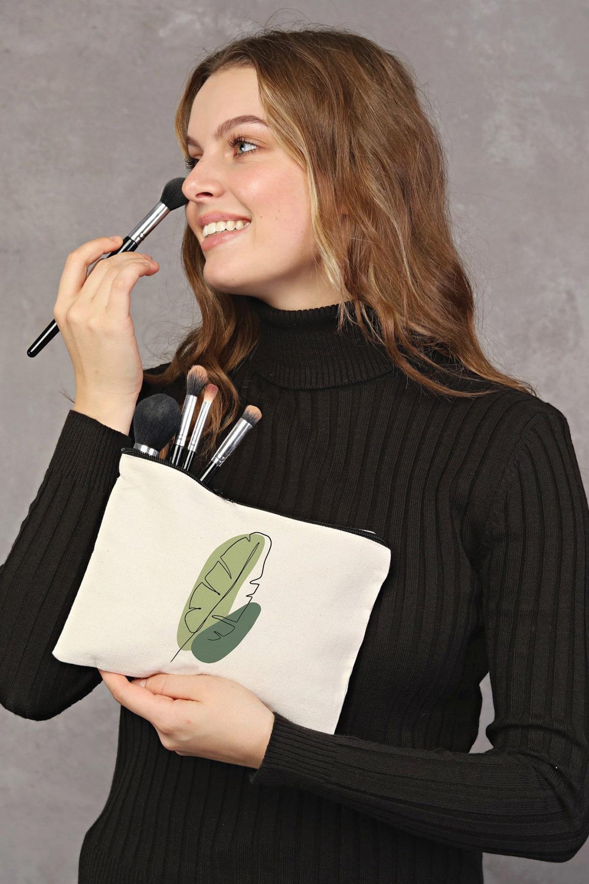 Clutch Green Leaf Kanvas Makyaj Çantası