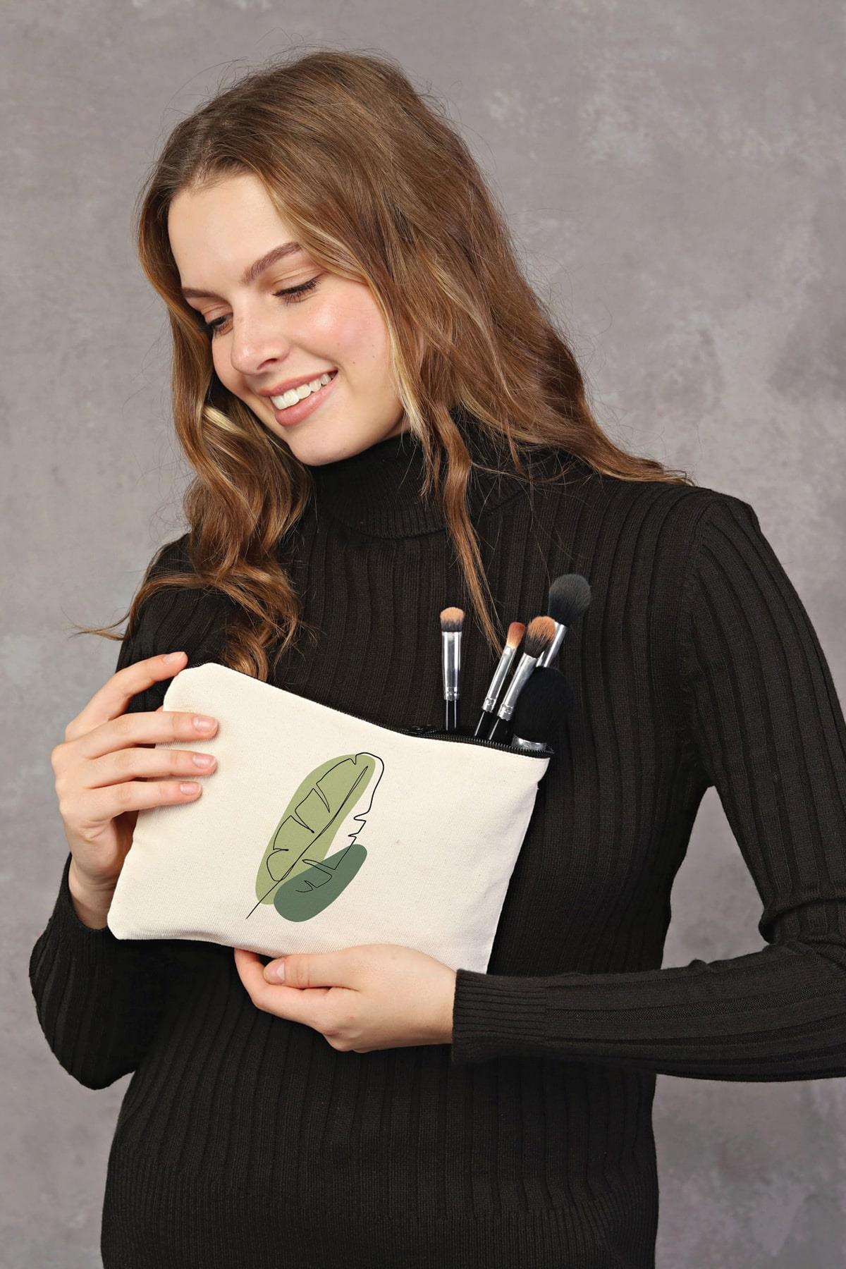 Clutch Green Leaf Kanvas Makyaj Çantası