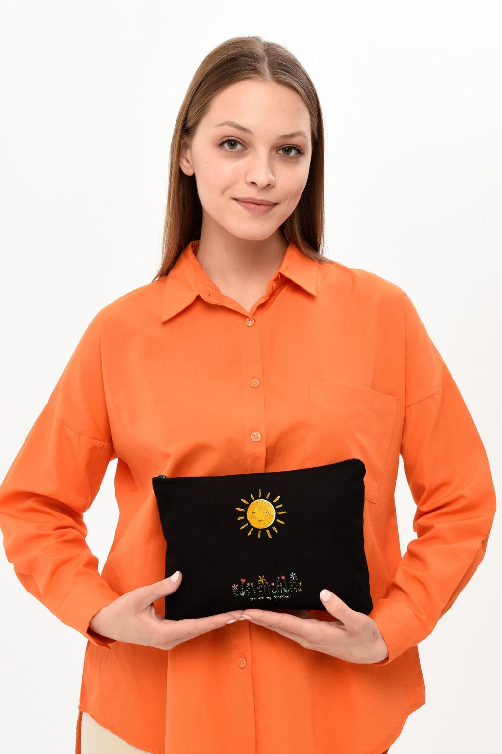 Clutch Gülümseyen Güneş Siyah Kanvas Makyaj Çantası