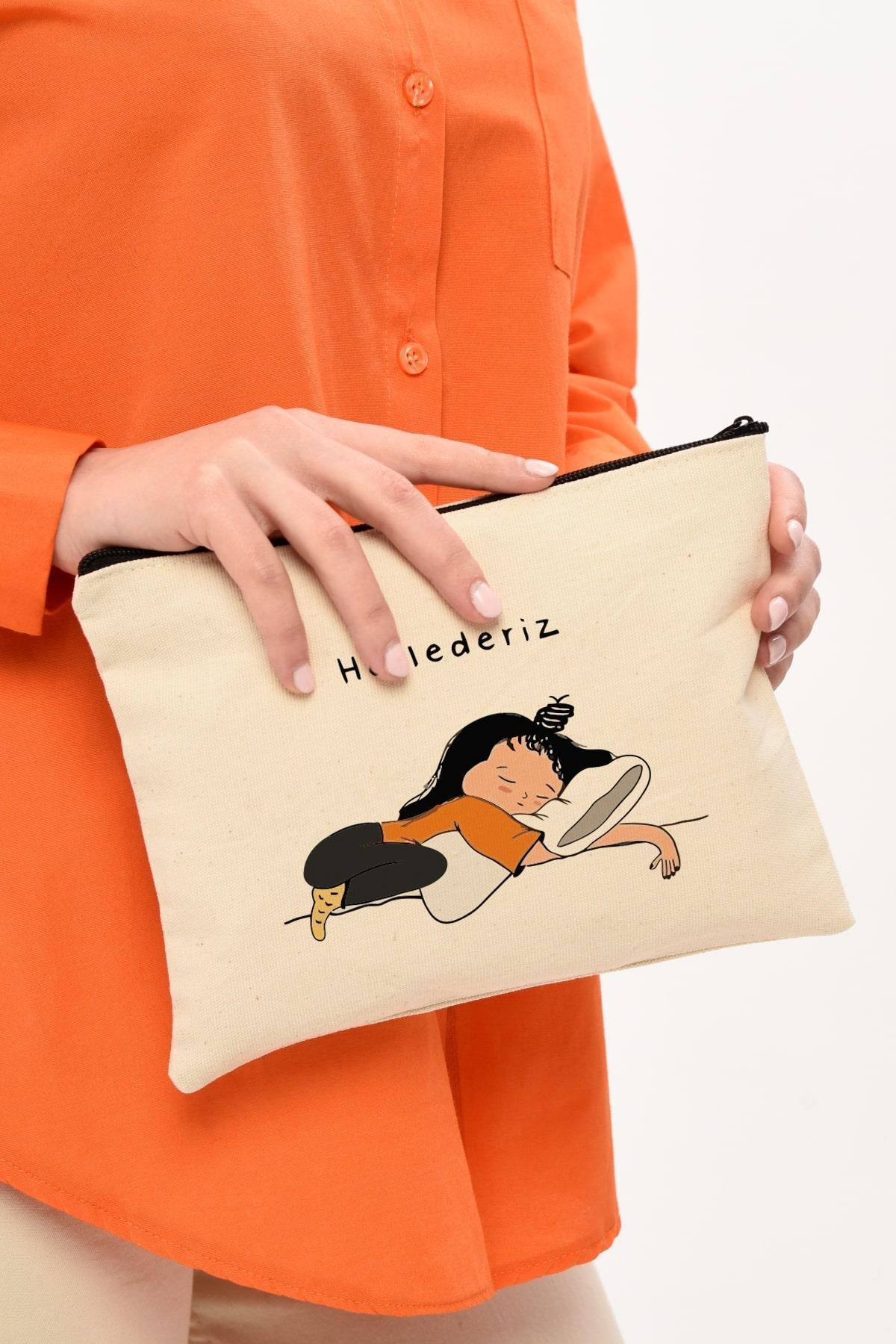 Clutch Hallederiz Baskılı Kanvas Makyaj Çantası