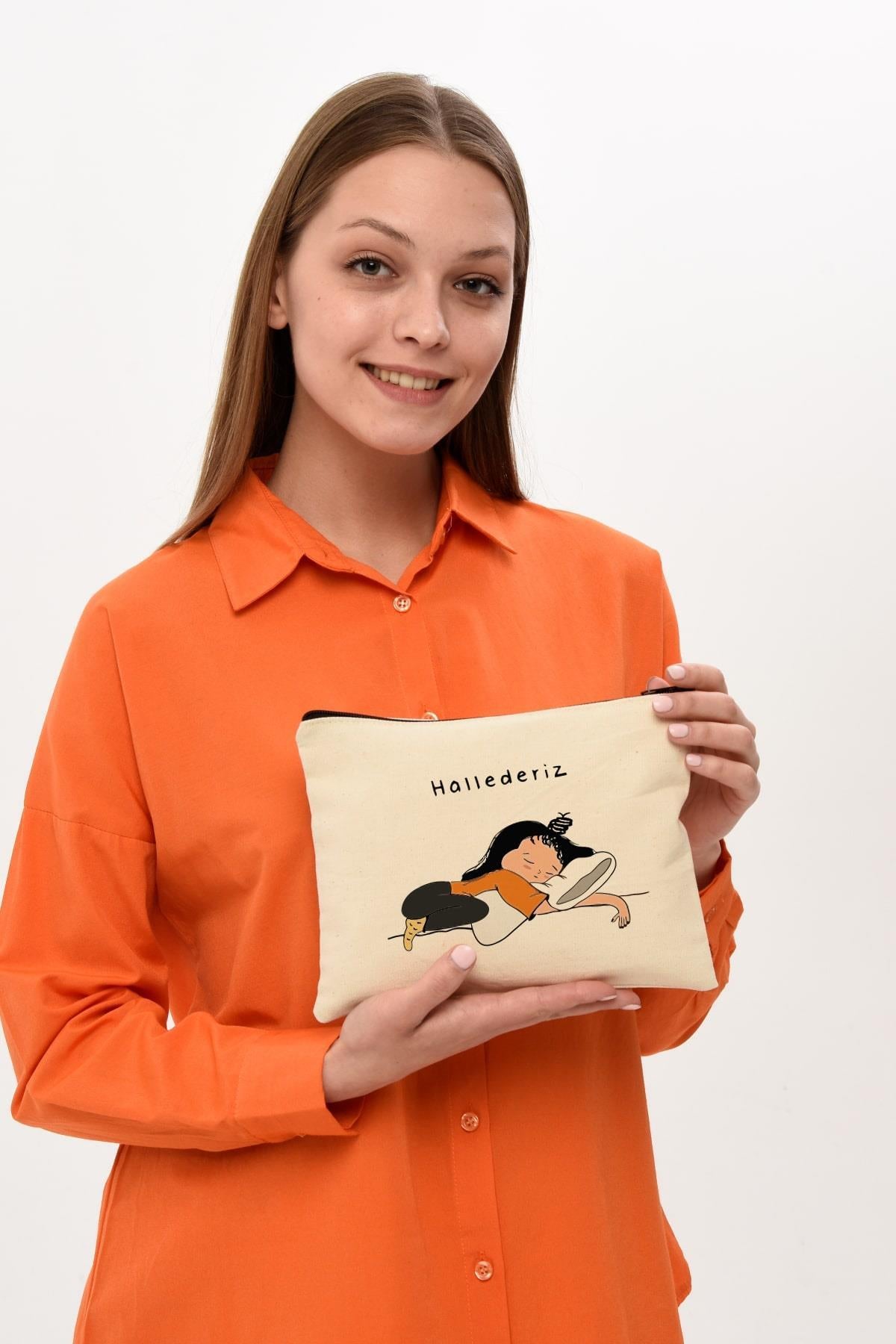 Clutch Hallederiz Baskılı Kanvas Makyaj Çantası