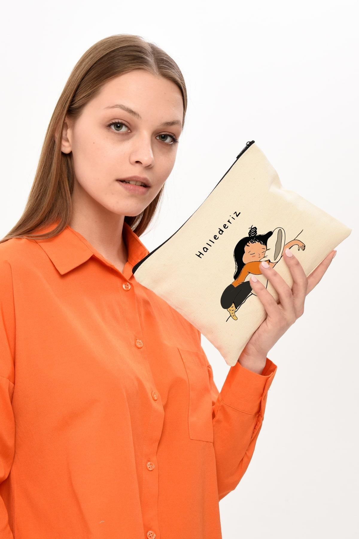 Clutch Hallederiz Baskılı Kanvas Makyaj Çantası