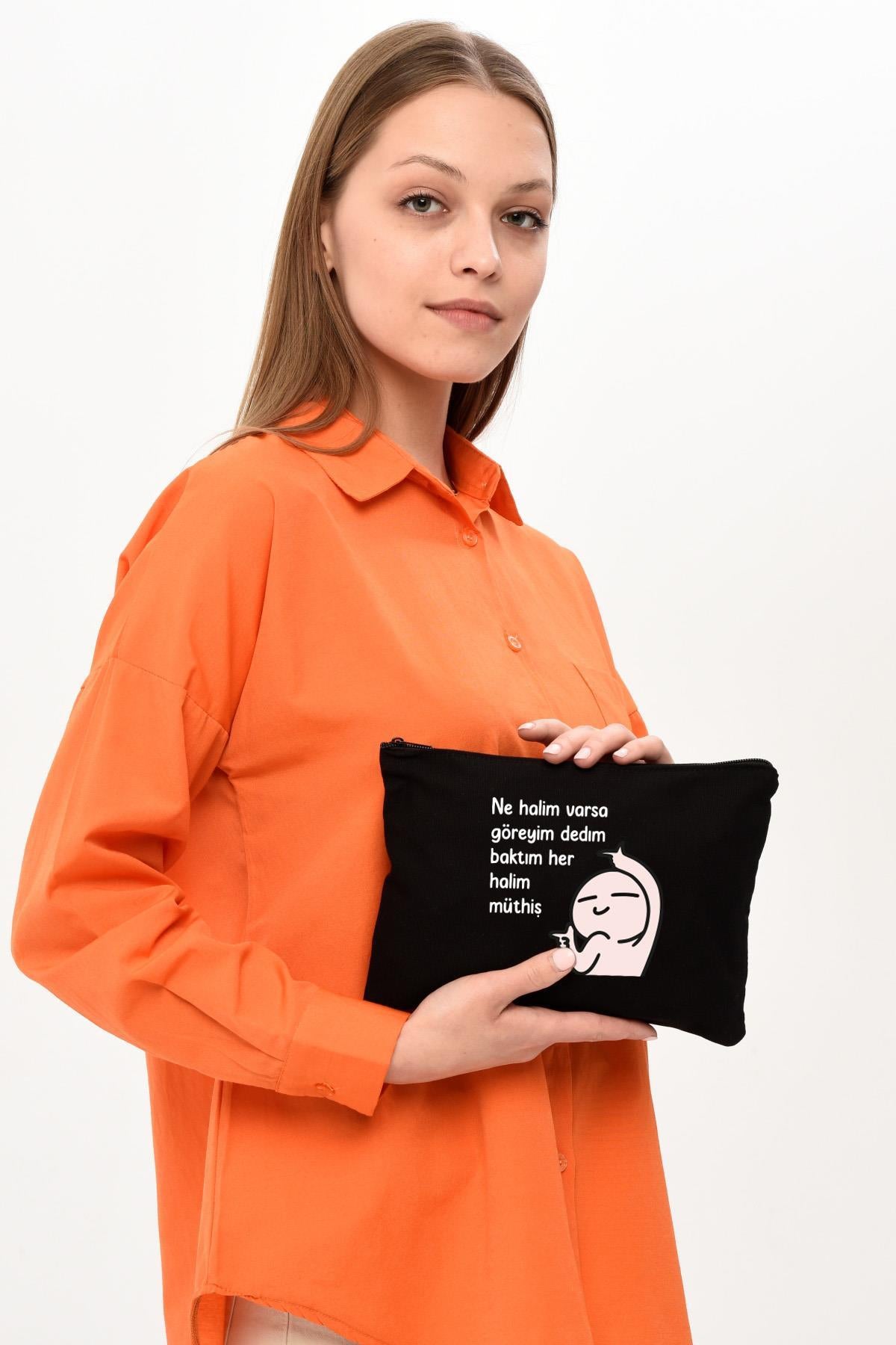 Clutch Her Halim Müthiş Baskılı SİYAH Kanvas Makyaj Çantası