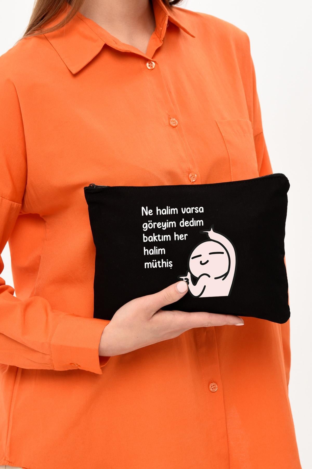 Clutch Her Halim Müthiş Baskılı SİYAH Kanvas Makyaj Çantası