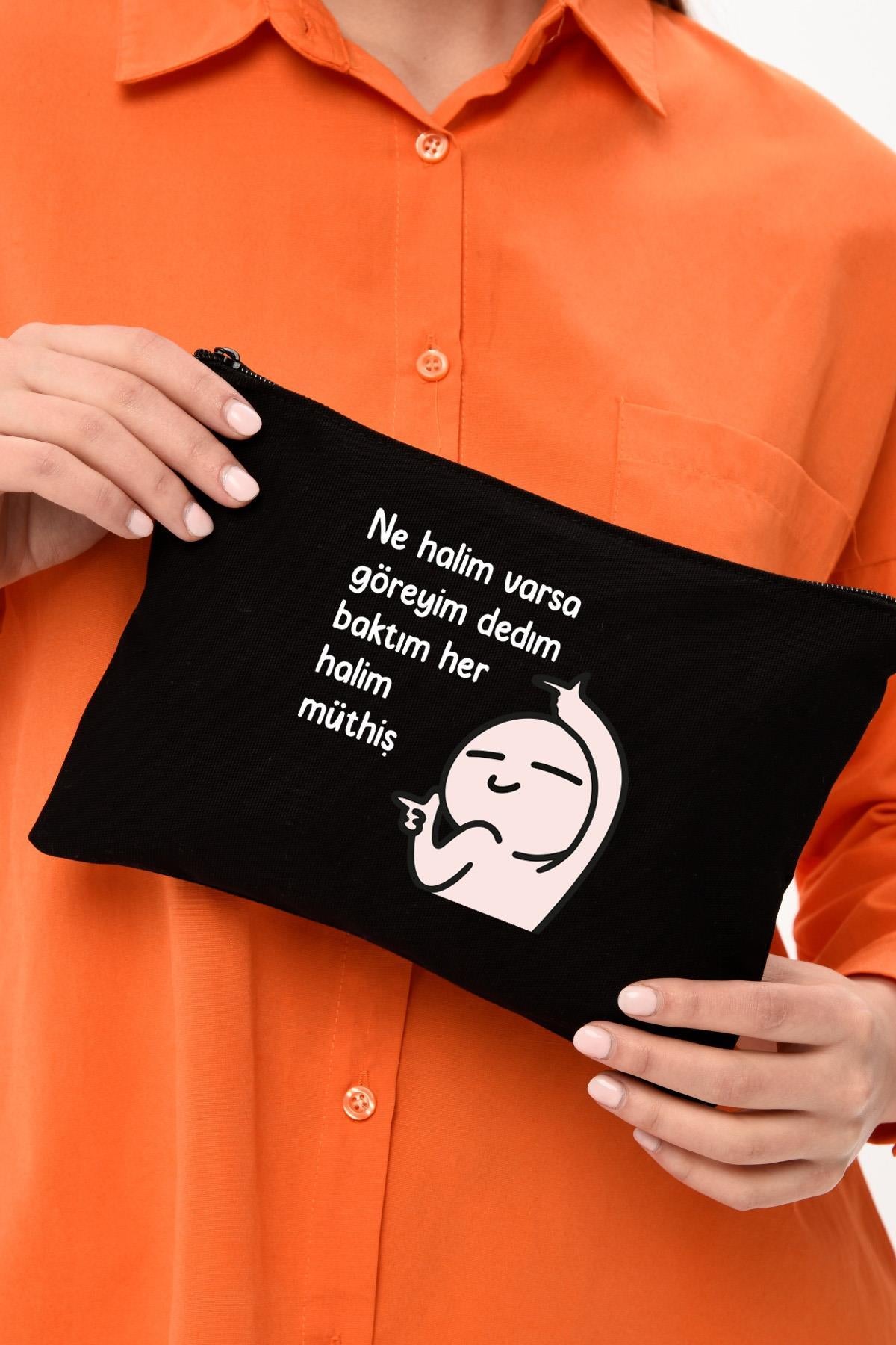 Clutch Her Halim Müthiş Baskılı SİYAH Kanvas Makyaj Çantası