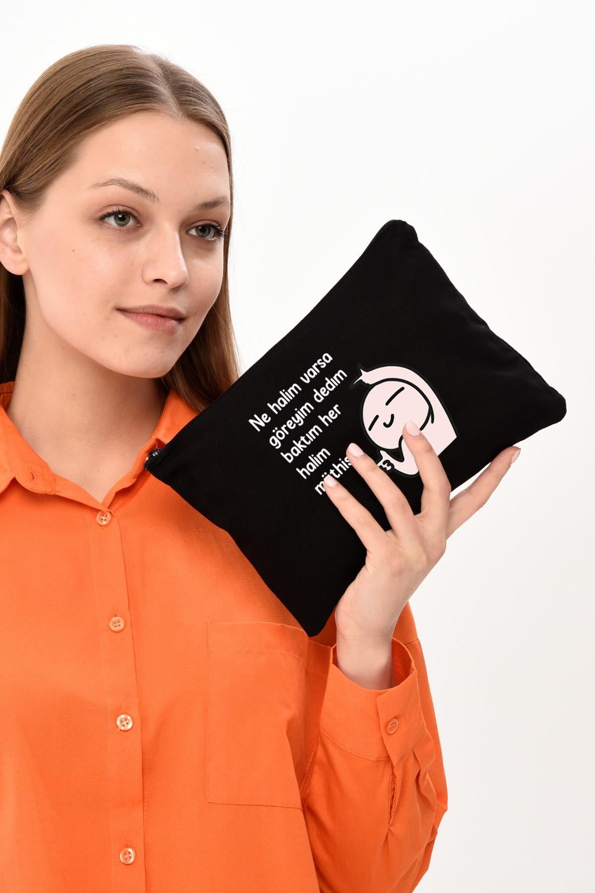 Clutch Her Halim Müthiş Baskılı SİYAH Kanvas Makyaj Çantası