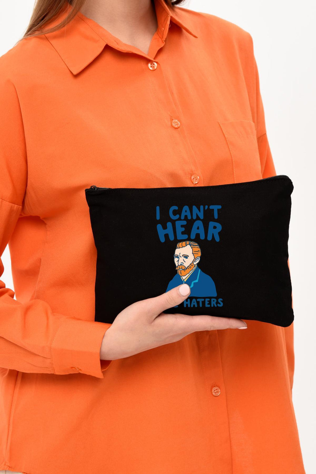 Clutch I Can't Hear Baskılı Siyah Kanvas Makyaj Çantası