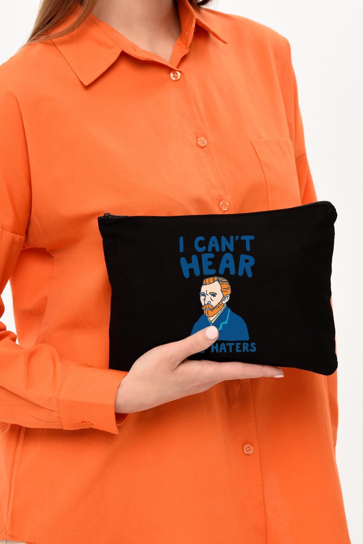 Clutch I Can't Hear Baskılı Siyah Kanvas Makyaj Çantası