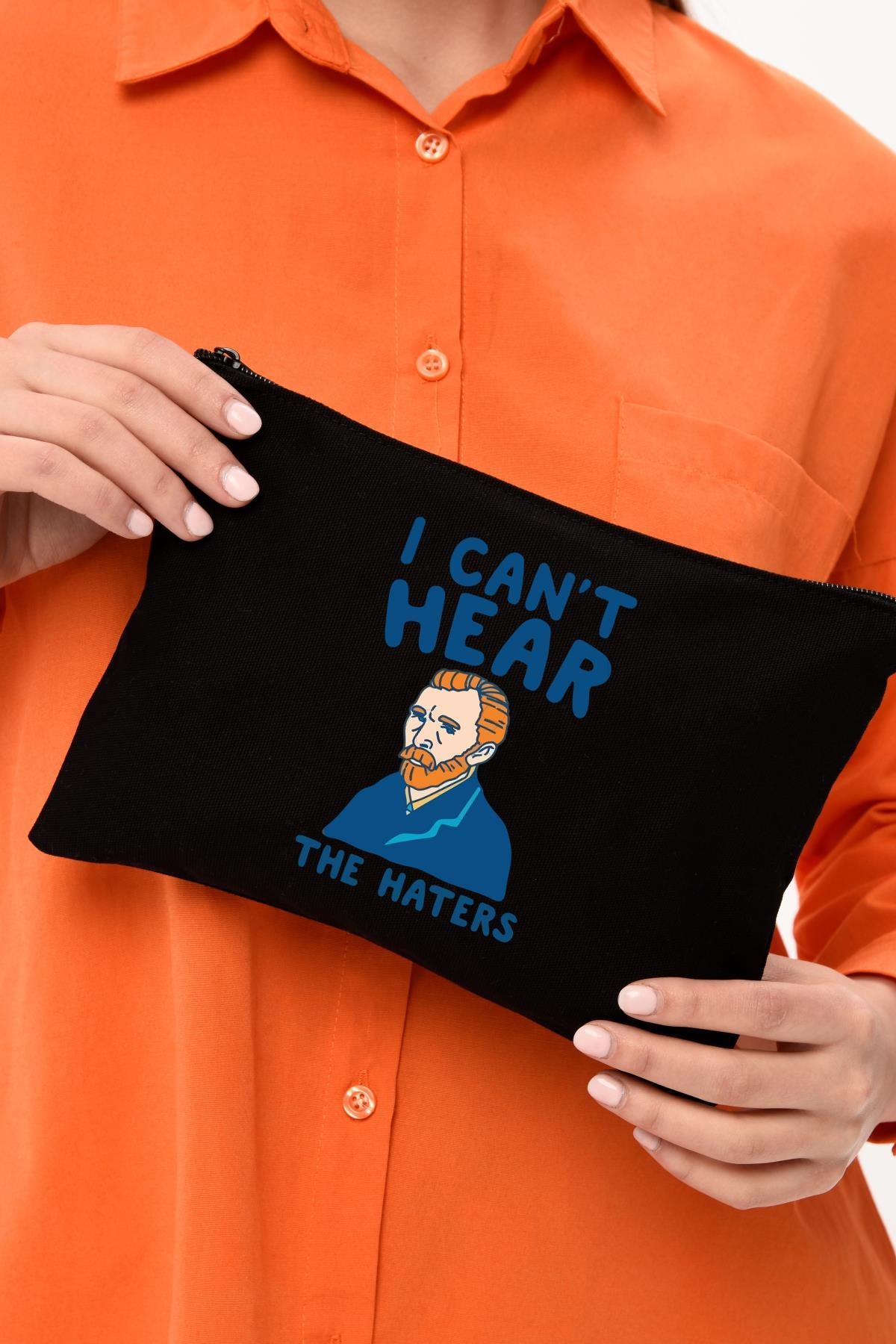 Clutch I Can't Hear Baskılı Siyah Kanvas Makyaj Çantası