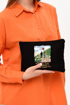 Clutch I Pray For Your Happiness Baskılı Siyah Kanvas Makyaj Çantası